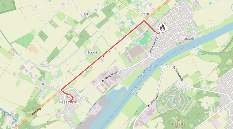 Kaart van de omgeving van de melding, met de kazerne die is gealarmeerd