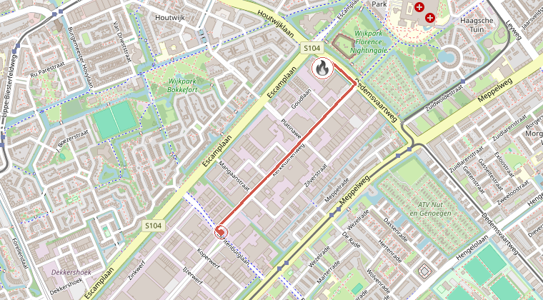 Kaart van de omgeving van de melding, met de kazerne die is gealarmeerd
