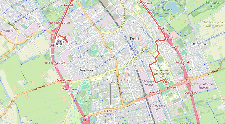Kaart van de omgeving van de melding, met de kazerne die is gealarmeerd
