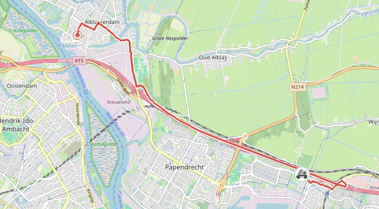 Kaart van de omgeving van de melding, met de kazerne die is gealarmeerd