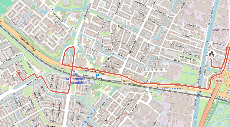 Kaart van de omgeving van de melding, met de kazerne die is gealarmeerd