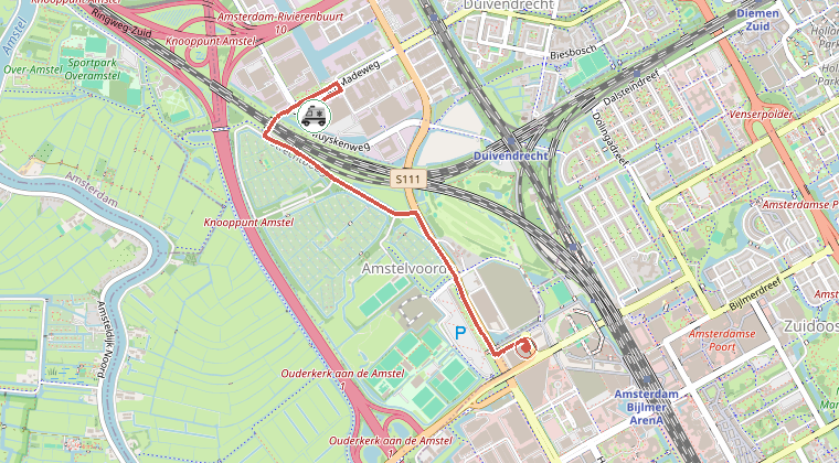 Kaart van de omgeving van de melding, met de kazerne die is gealarmeerd