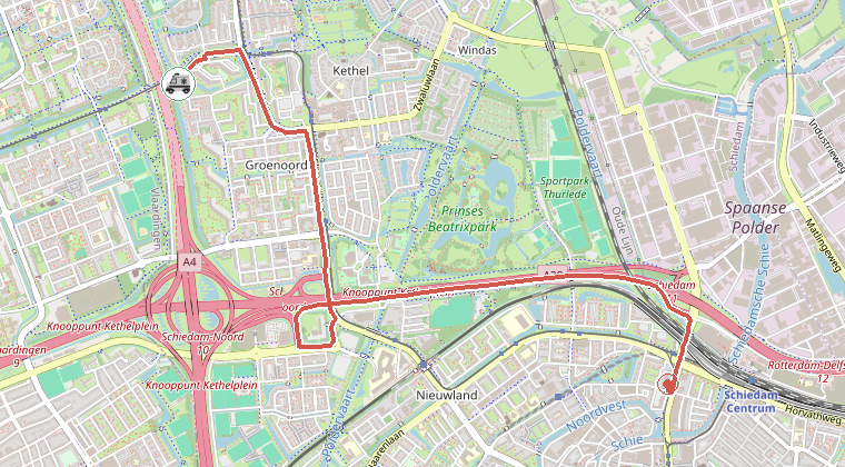 Kaart van de omgeving van de melding, met de kazerne die is gealarmeerd