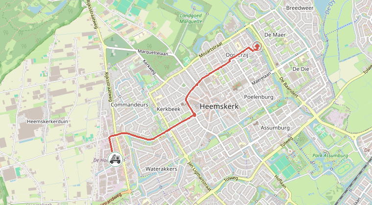 Kaart van de omgeving van de melding, met de kazerne die is gealarmeerd