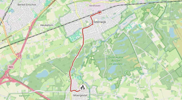 Kaart van de omgeving van de melding, met de kazerne die is gealarmeerd