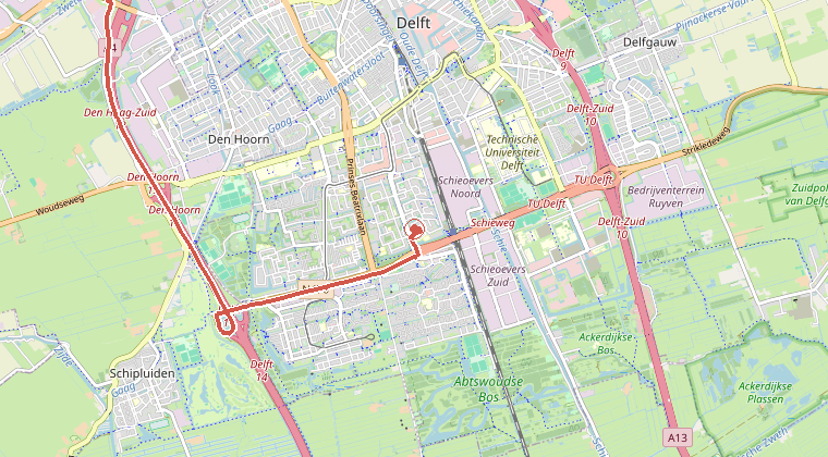 Kaart van de omgeving van de melding, met de kazerne die is gealarmeerd