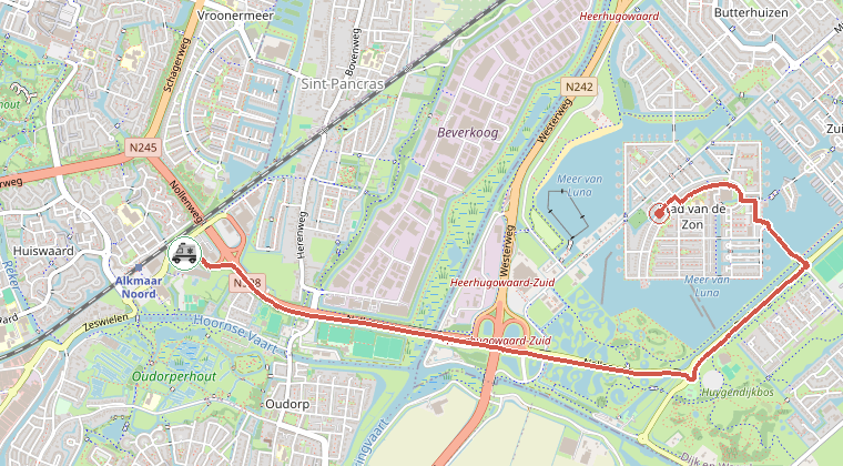 Kaart van de omgeving van de melding, met de kazerne die is gealarmeerd