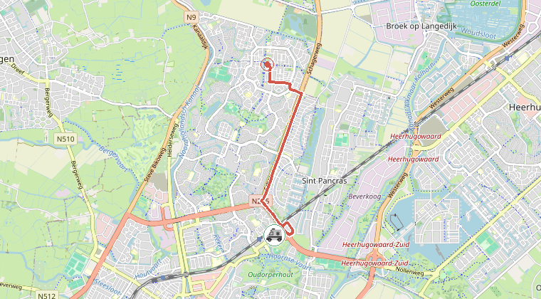 Kaart van de omgeving van de melding, met de kazerne die is gealarmeerd