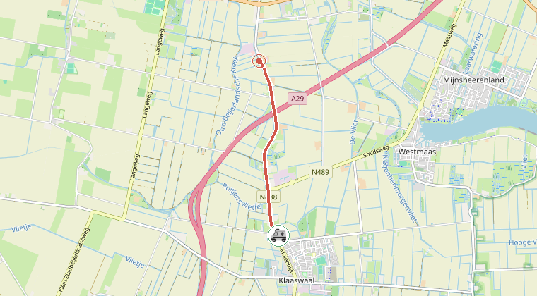 Kaart van de omgeving van de melding, met de kazerne die is gealarmeerd