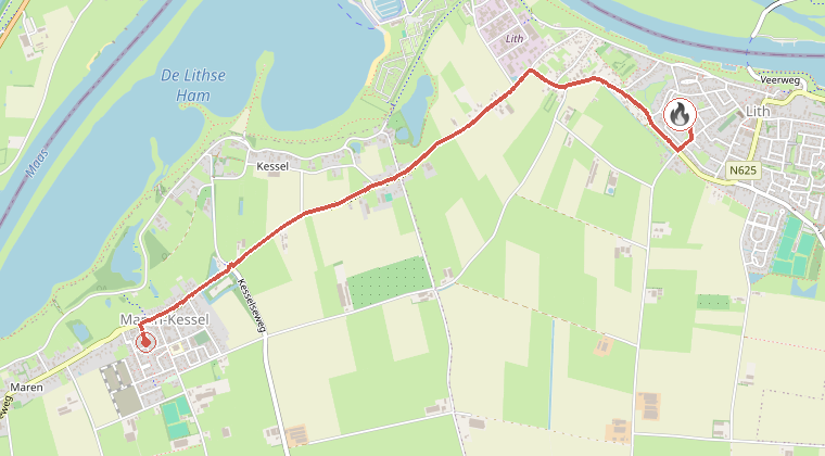 Kaart van de omgeving van de melding, met de kazerne die is gealarmeerd