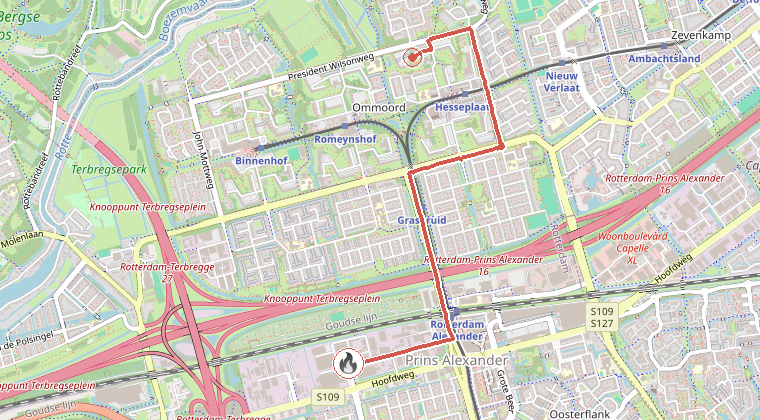 Kaart van de omgeving van de melding, met de kazerne die is gealarmeerd
