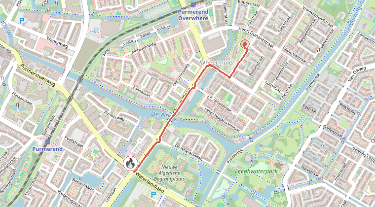 Kaart van de omgeving van de melding, met de kazerne die is gealarmeerd