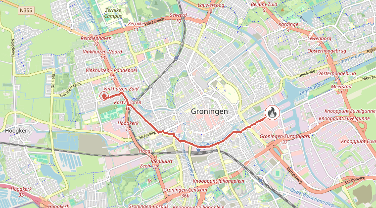 Kaart van de omgeving van de melding, met de kazerne die is gealarmeerd