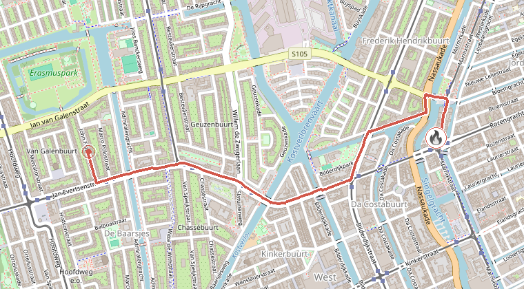 Kaart van de omgeving van de melding, met de kazerne die is gealarmeerd