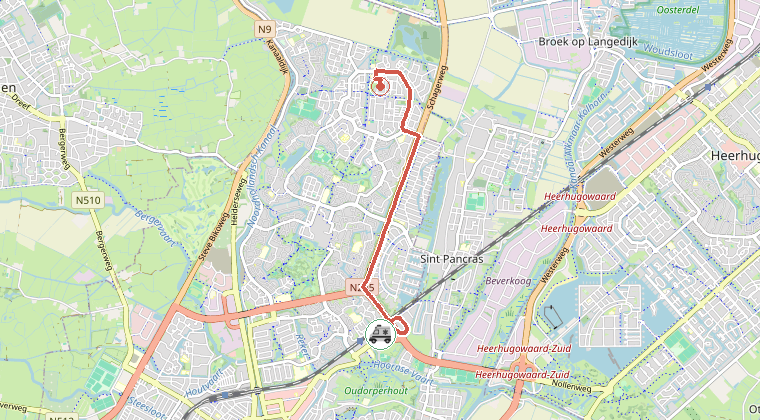 Kaart van de omgeving van de melding, met de kazerne die is gealarmeerd
