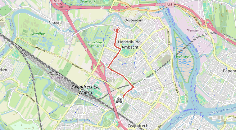 Kaart van de omgeving van de melding, met de kazerne die is gealarmeerd