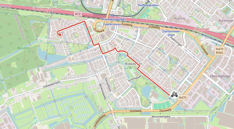 Kaart van de omgeving van de melding, met de kazerne die is gealarmeerd