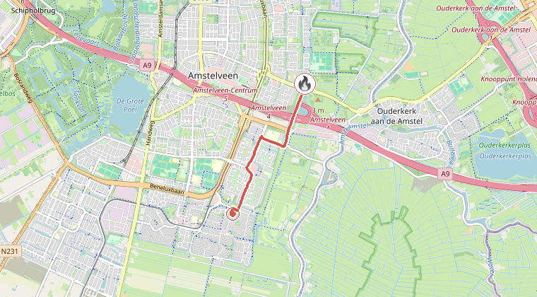 Kaart van de omgeving van de melding, met de kazerne die is gealarmeerd