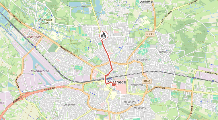Kaart van de omgeving van de melding, met de kazerne die is gealarmeerd