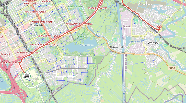 Kaart van de omgeving van de melding, met de kazerne die is gealarmeerd