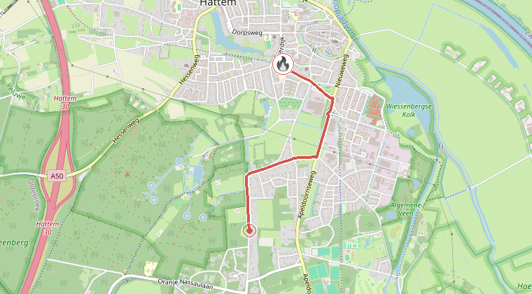 Kaart van de omgeving van de melding, met de kazerne die is gealarmeerd