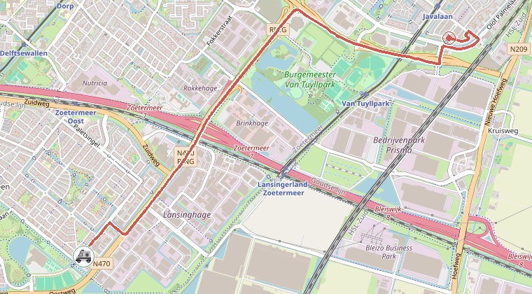 Kaart van de omgeving van de melding, met de kazerne die is gealarmeerd
