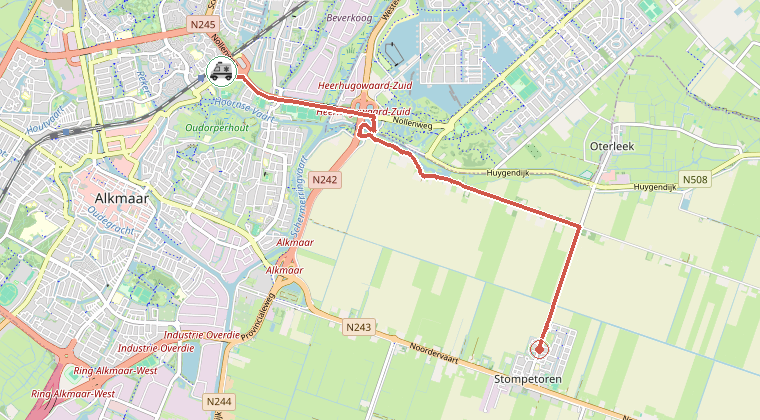 Kaart van de omgeving van de melding, met de kazerne die is gealarmeerd