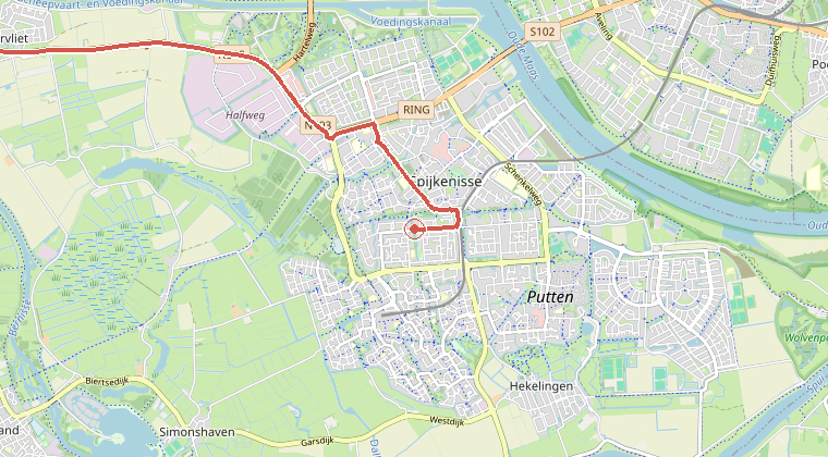 Kaart van de omgeving van de melding, met de kazerne die is gealarmeerd