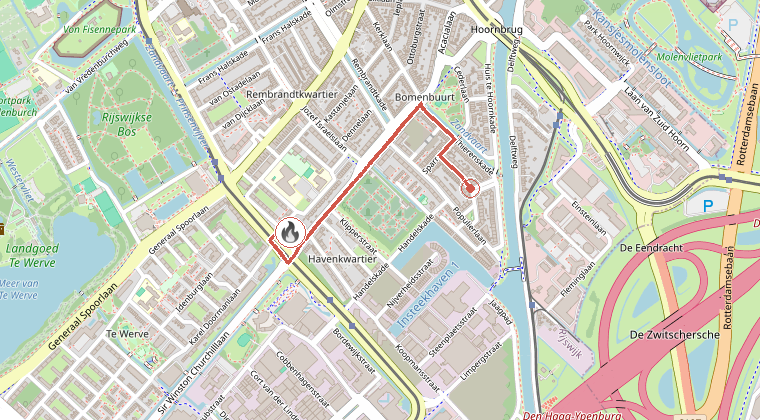Kaart van de omgeving van de melding, met de kazerne die is gealarmeerd