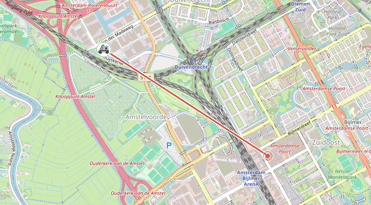 Kaart van de omgeving van de melding, met de kazerne die is gealarmeerd