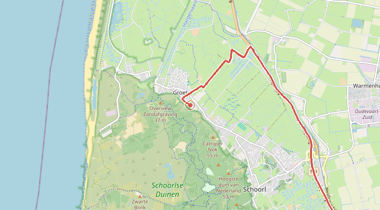 Kaart van de omgeving van de melding, met de kazerne die is gealarmeerd