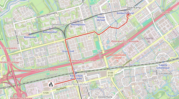 Kaart van de omgeving van de melding, met de kazerne die is gealarmeerd