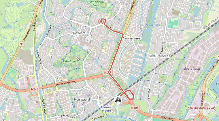 Kaart van de omgeving van de melding, met de kazerne die is gealarmeerd