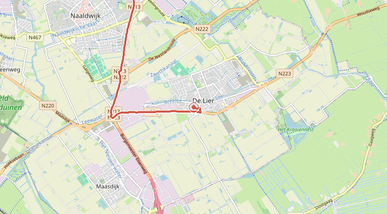 Kaart van de omgeving van de melding, met de kazerne die is gealarmeerd