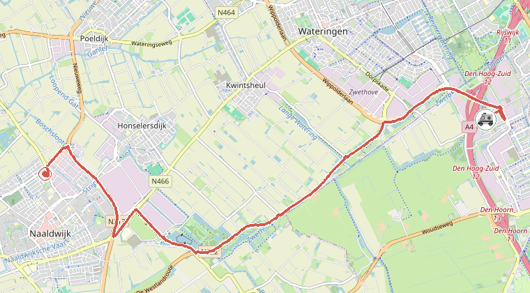 Kaart van de omgeving van de melding, met de kazerne die is gealarmeerd