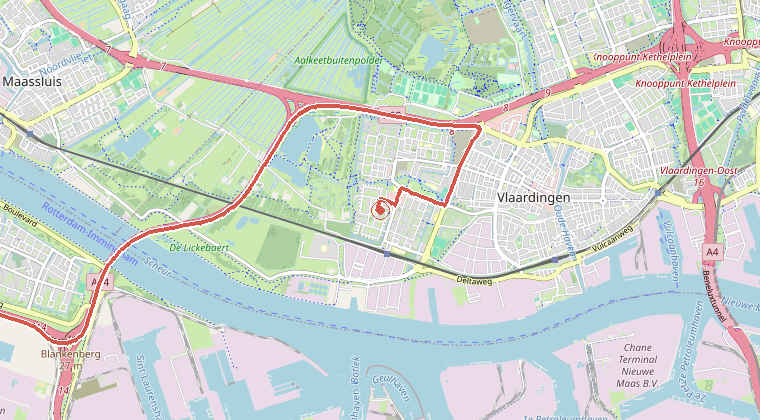 Kaart van de omgeving van de melding, met de kazerne die is gealarmeerd