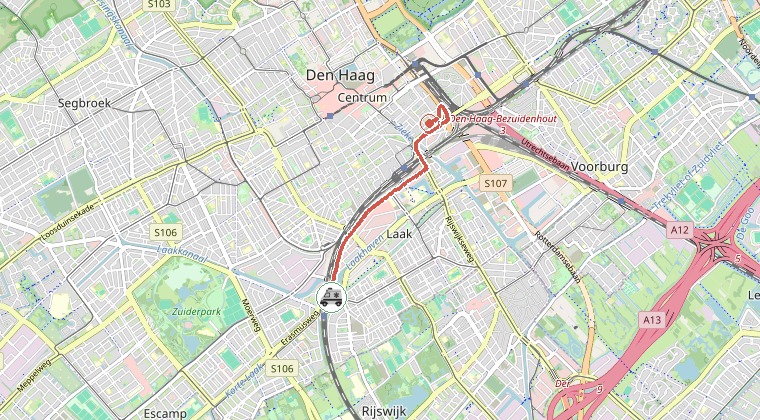 Kaart van de omgeving van de melding, met de kazerne die is gealarmeerd