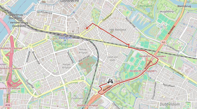Kaart van de omgeving van de melding, met de kazerne die is gealarmeerd
