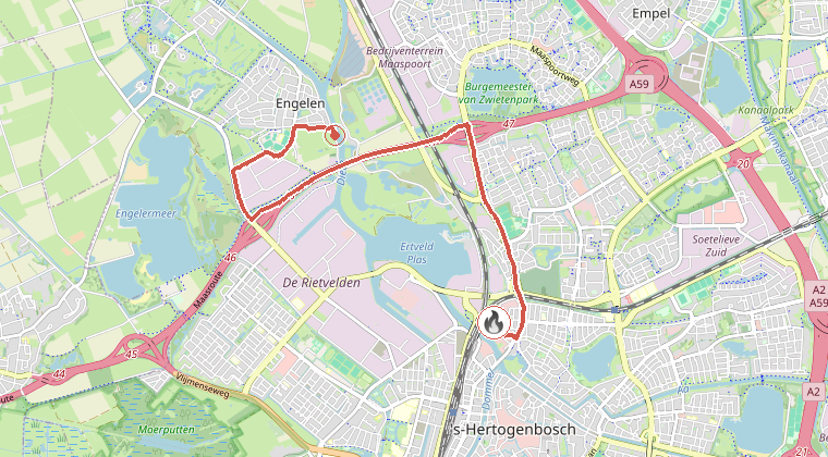 Kaart van de omgeving van de melding, met de kazerne die is gealarmeerd