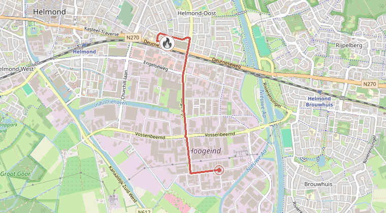 Kaart van de omgeving van de melding, met de kazerne die is gealarmeerd