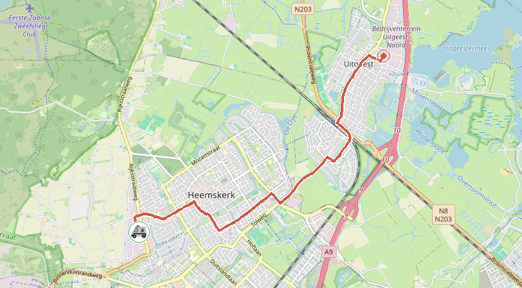 Kaart van de omgeving van de melding, met de kazerne die is gealarmeerd