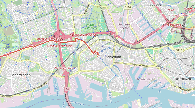 Kaart van de omgeving van de melding, met de kazerne die is gealarmeerd