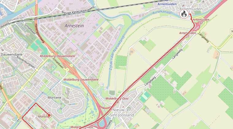 Kaart van de omgeving van de melding, met de kazerne die is gealarmeerd