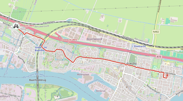 Kaart van de omgeving van de melding, met de kazerne die is gealarmeerd