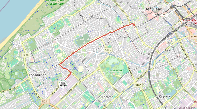 Kaart van de omgeving van de melding, met de kazerne die is gealarmeerd