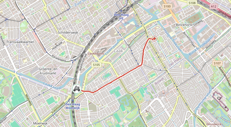 Kaart van de omgeving van de melding, met de kazerne die is gealarmeerd