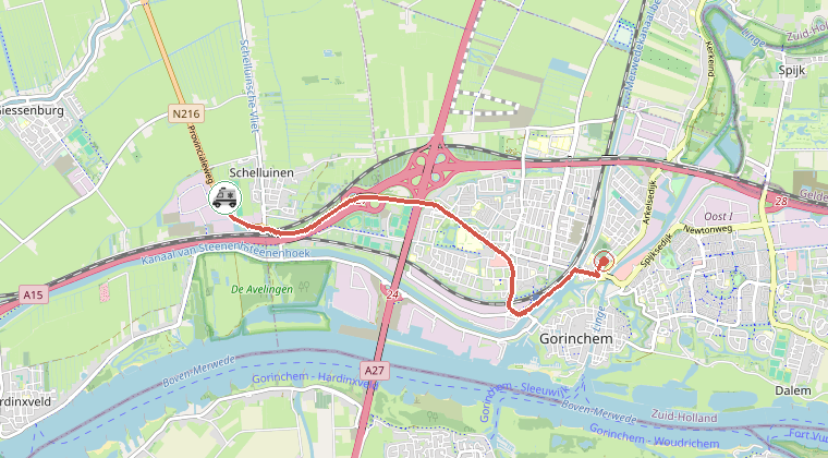 Kaart van de omgeving van de melding, met de kazerne die is gealarmeerd