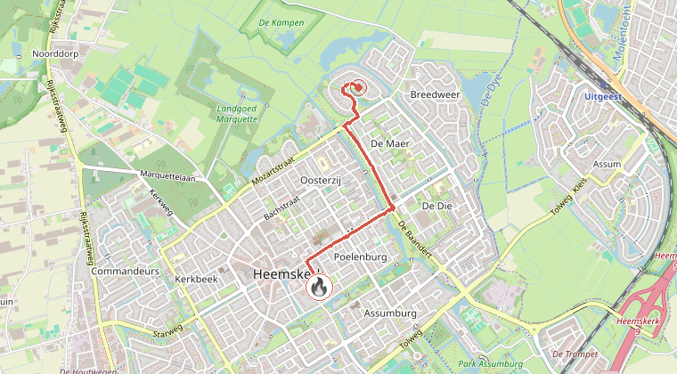 Kaart van de omgeving van de melding, met de kazerne die is gealarmeerd