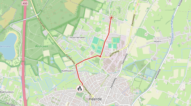Kaart van de omgeving van de melding, met de kazerne die is gealarmeerd