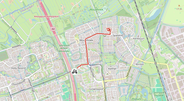 Kaart van de omgeving van de melding, met de kazerne die is gealarmeerd
